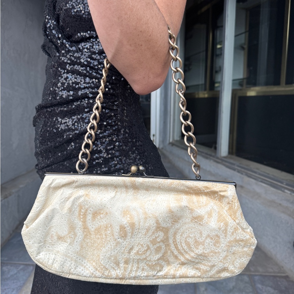 Jamah Cream & White Handbag w/ Bronze Chain – NWT Designer Purse”